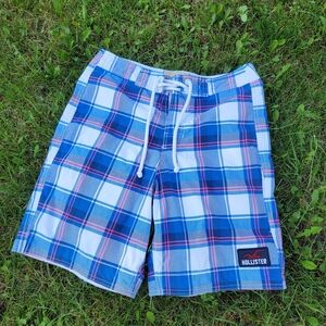 Hollister Men's Plaid Swim Trunks Blue and White Small